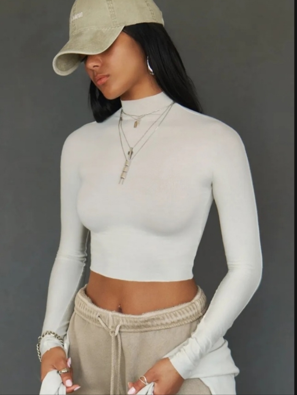 Joah Brown- Crop Mock Neck Long Sleeve Top in Chalk